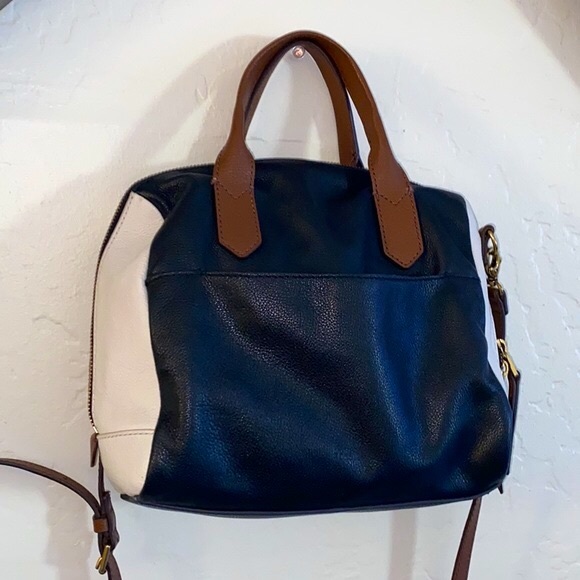 FOSSIL 3 Tone Black/White/Brown Buttery Soft Leather Satchel/Shoulder EUC - Picture 3 of 17